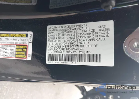 2025 Honda Odyssey Sport-L z USA, uszkodzony, nr VIN 5FNRL6H71SB004355